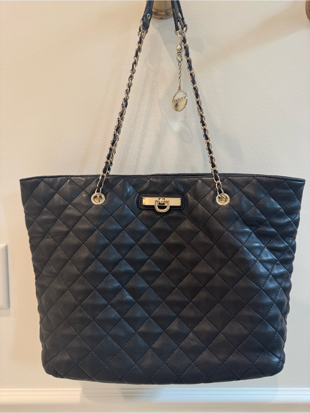 DKNY Black Quilted Leather Tote with Gold Chain Straps